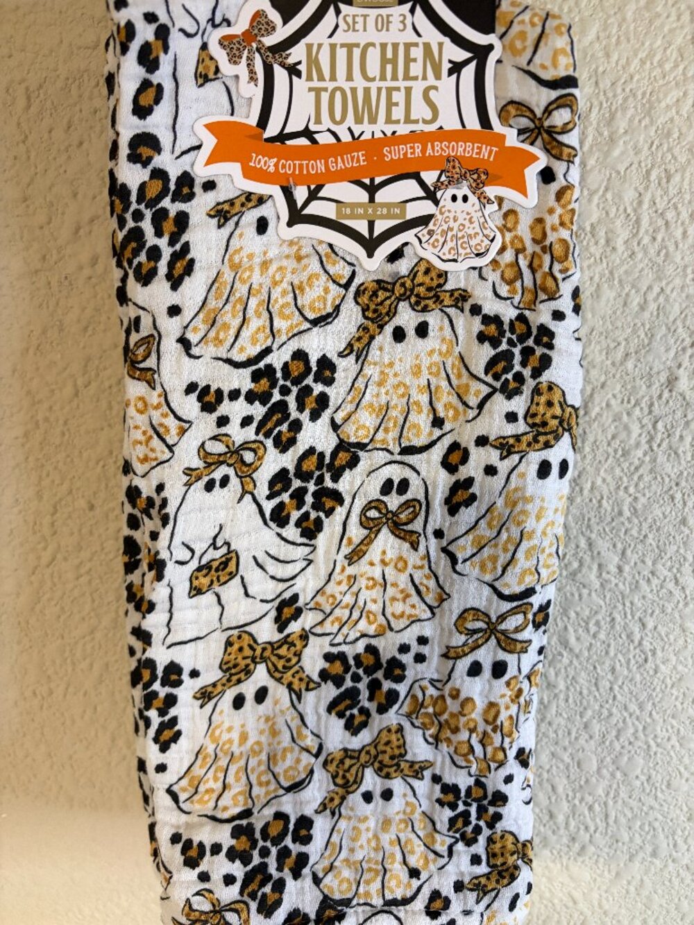 Halloween Leopard Ghost Bow Kitchen Towels Set of 3 18x28 Cotton Gauze NWT